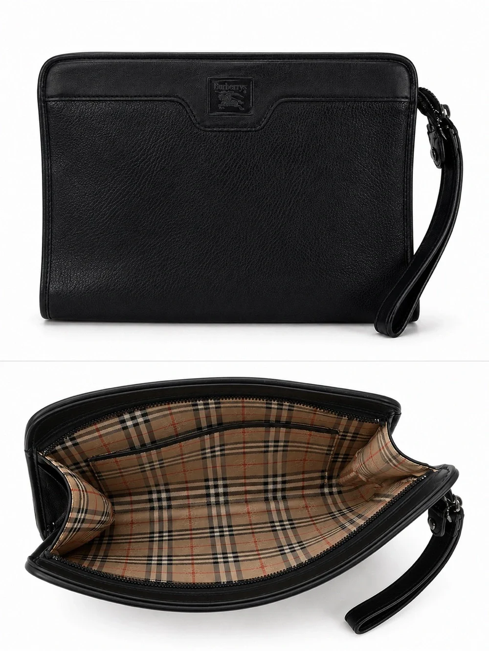 Burberrys Vintage Black Leather Nova Check Wristlet Clutch Pouch